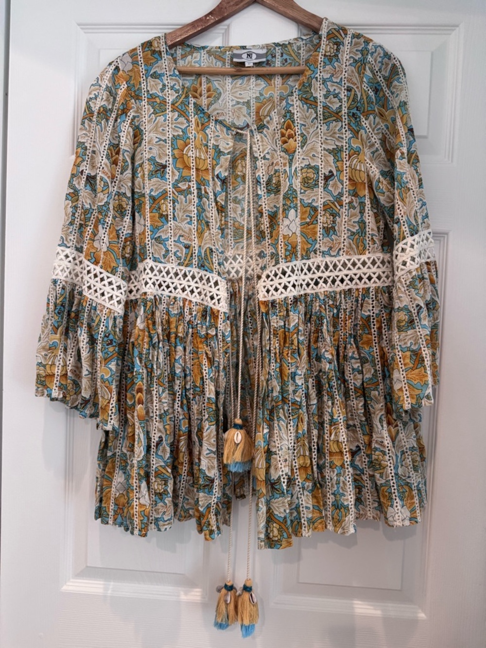Pj Couture Floral Lace-Trim Top in Mustard, Teal & Cream